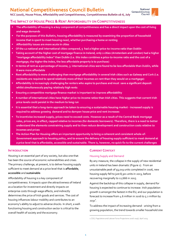 House Prices, Affordability and Competitiveness, Competitiveness Bulletin 16-6