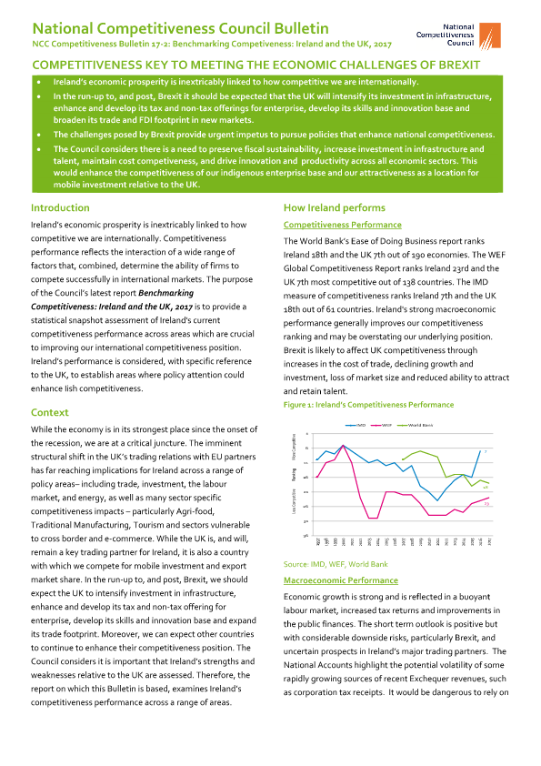 Competitiveness Bulletin 17-2: Benchmarking Competiveness: Ireland and the UK, 2017