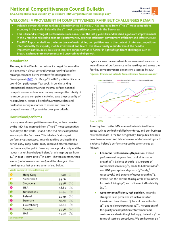 Competitiveness Bulletin 17-4: Ireland’s IMD Competitiveness Rankings 2017