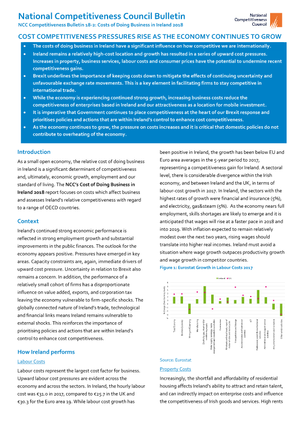 Costs of Doing Business in Ireland 2018, Bulletin 18-2