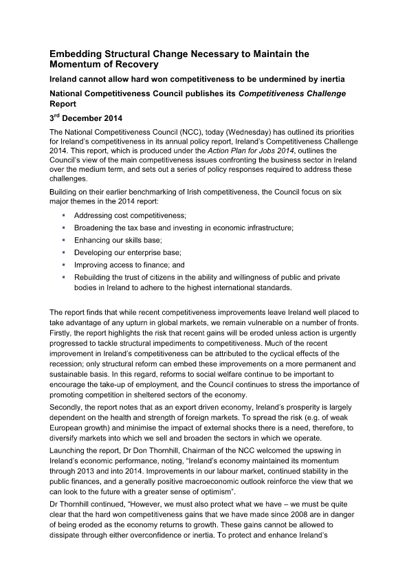 National Competitiveness Council publishes its Competitiveness Challenge Report 2014