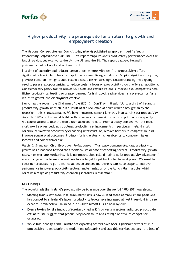 Ireland’s Productivity Performance 1980-2011 Press Release