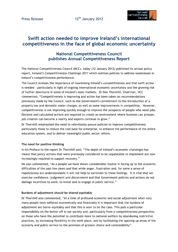 Ireland's Competitiveness Challenge 2011 Press release