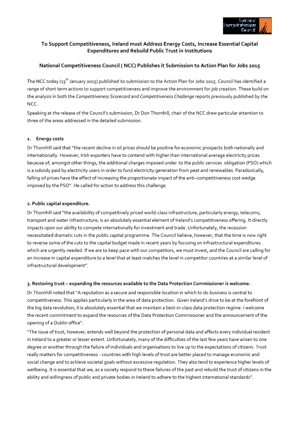 National Competitiveness Council Publishes it Submission to Action Plan for Jobs 2015 Press Release