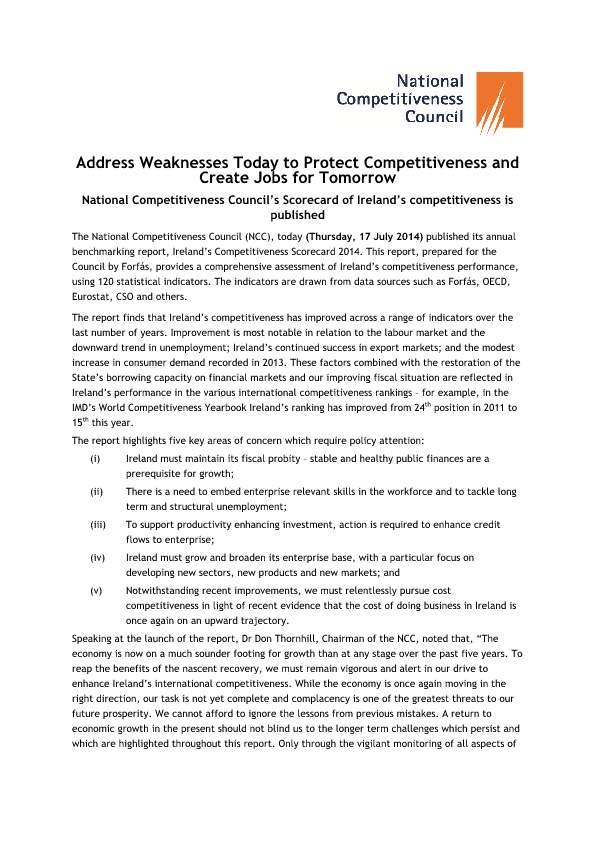 Ireland's Competitiveness Scorecard 2014 Press Release