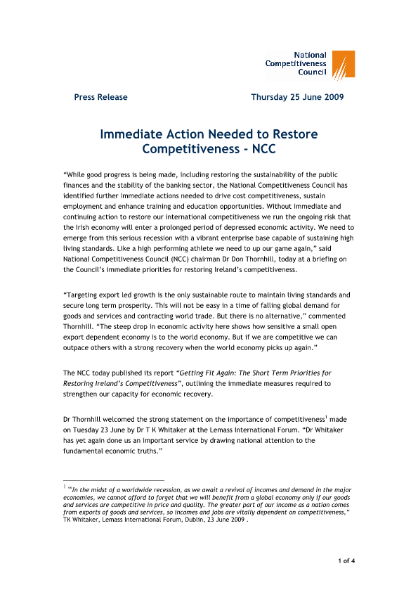 Immediate Action Needed to Restore Competitiveness - NCC 2009