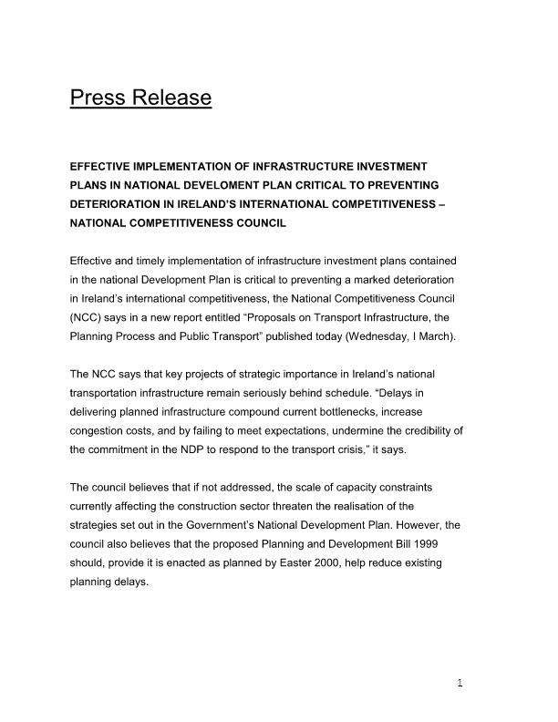 Proposals on Transport Infrastructure, the Planning Process and Public Transport 2000