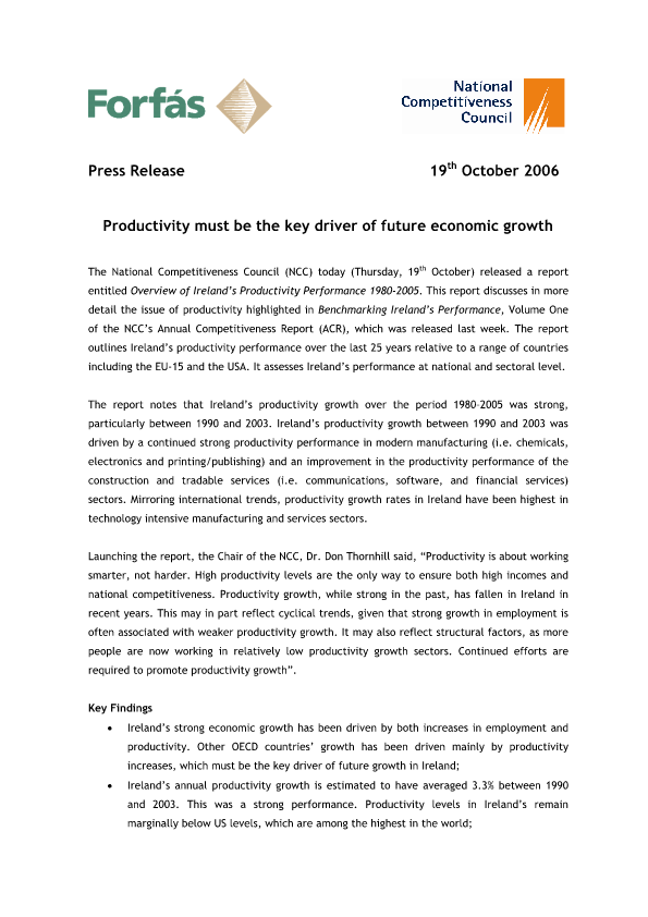 Overview of Ireland’s Productivity Performance 1980-2005