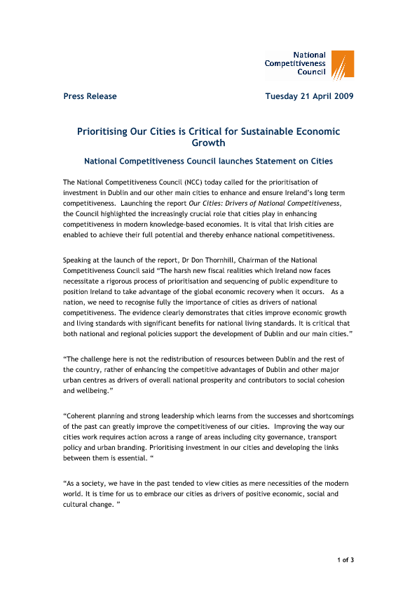National Competitiveness Council launches Statement on Cities 2009