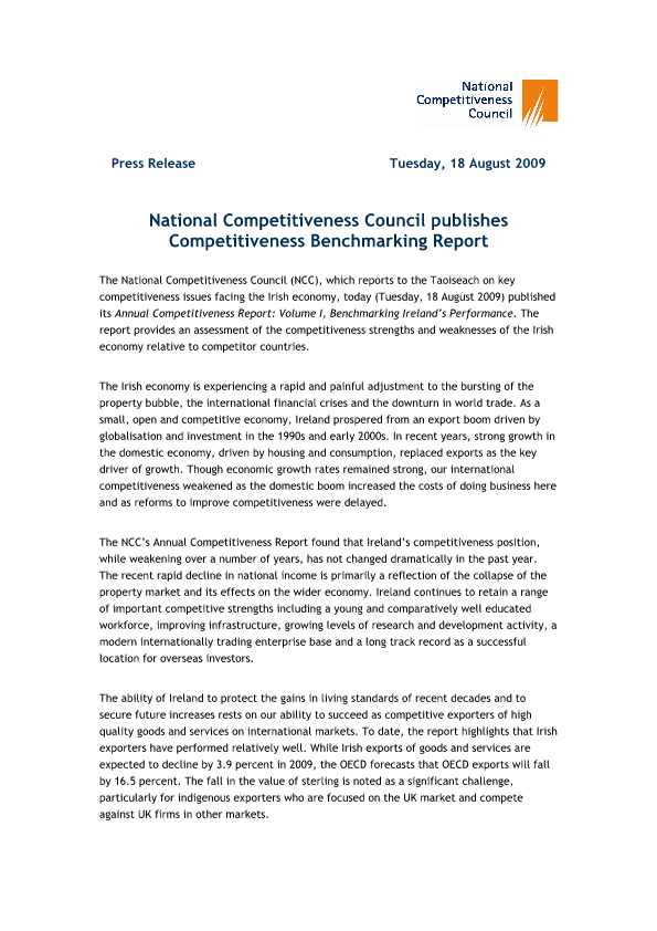 National Competitiveness Council publishes Competitiveness Benchmarking Report 2009