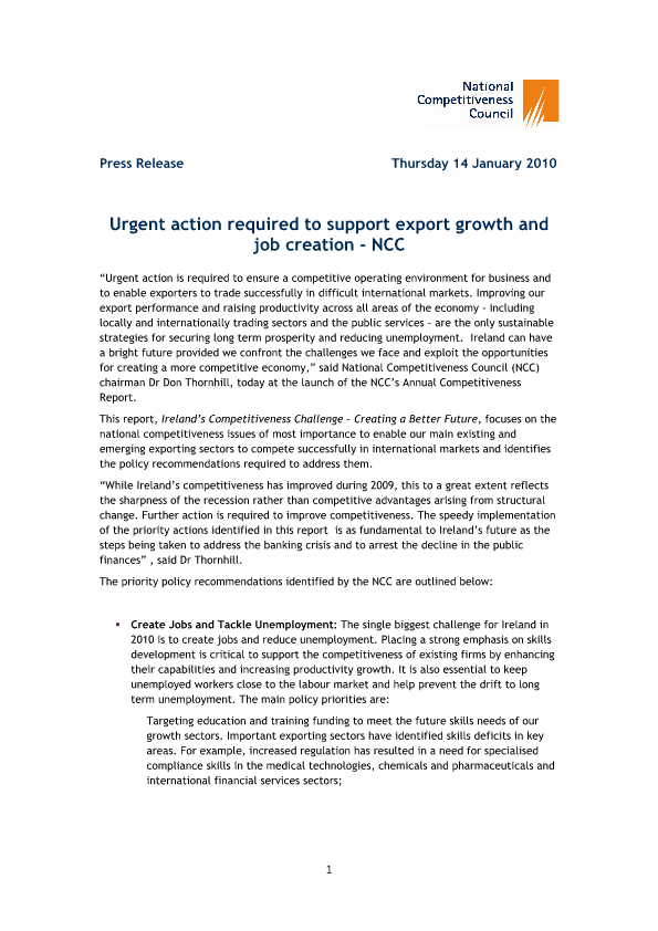 Ireland’s Competitiveness Challenge – Creating a Better Future 2010