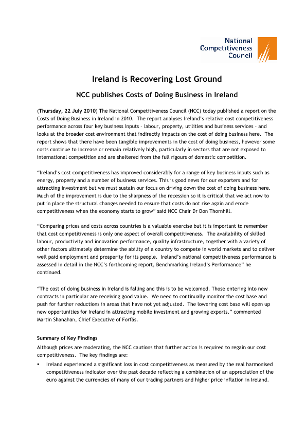 NCC publishes Costs of Doing Business in Ireland 2010