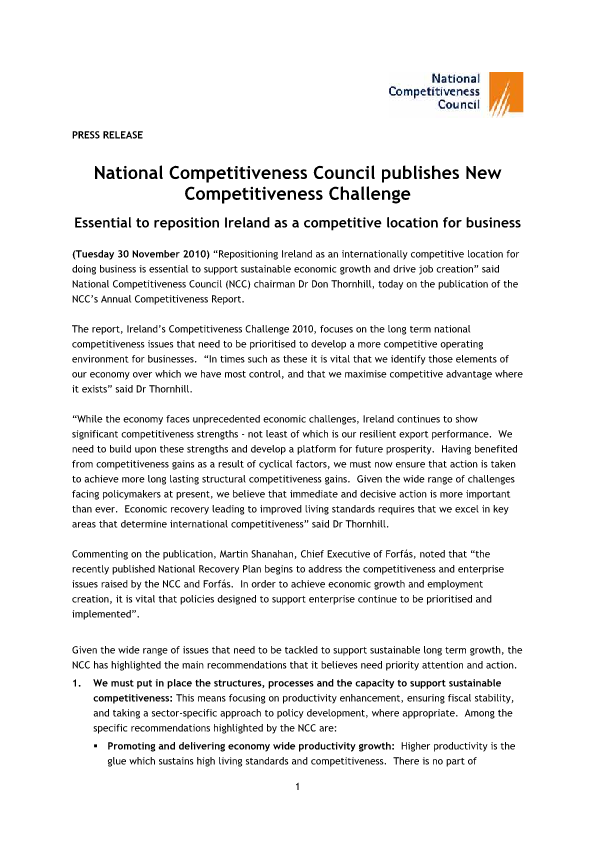 National Competitiveness Council publishes New Competitiveness Challenge 2010
