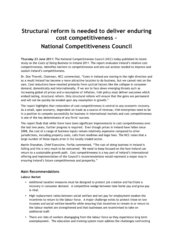 Costs of Doing Business in Ireland 2011 press release