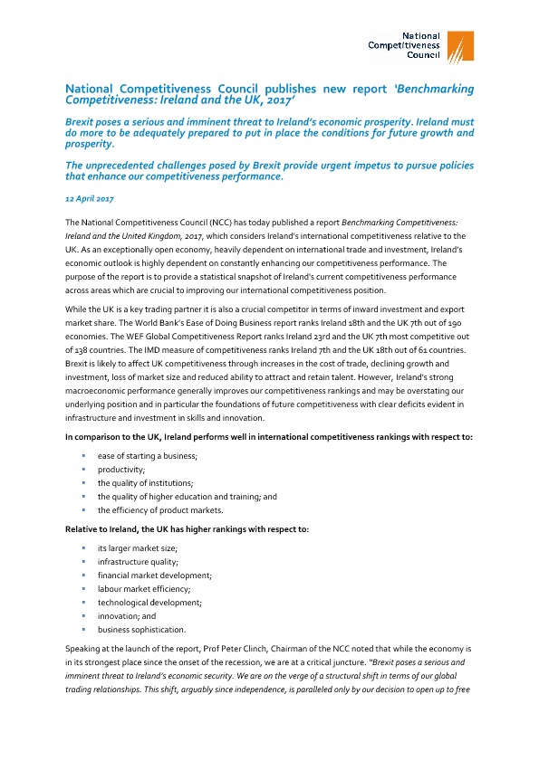 National Competitiveness Council publishes new report ‘Benchmarking Competitiveness: Ireland and the UK, 2017’