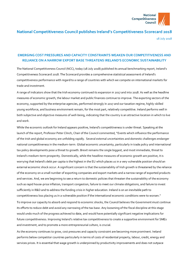 National Competitiveness Council publishes Ireland’s Competitiveness Scorecard 2018