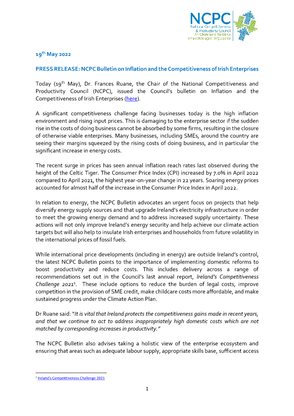 Press Release - NCPC Bulletin on Inflation and the Competitiveness of Irish Enterprises