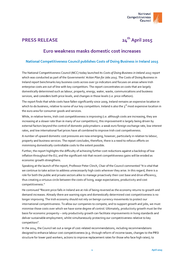 National Competitiveness Council publishes Costs of Doing Business in Ireland 2015