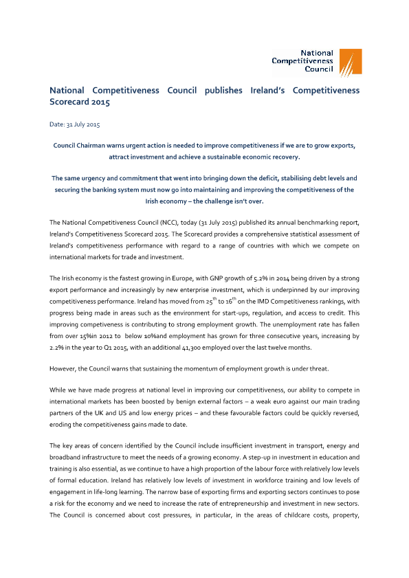 National Competitiveness Council publishes Ireland’s Competitiveness Scorecard 2015