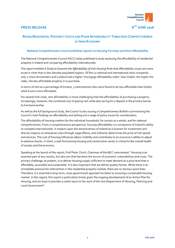 National Competitiveness Council publishes reports on Housing Purchase and Rent Affordability