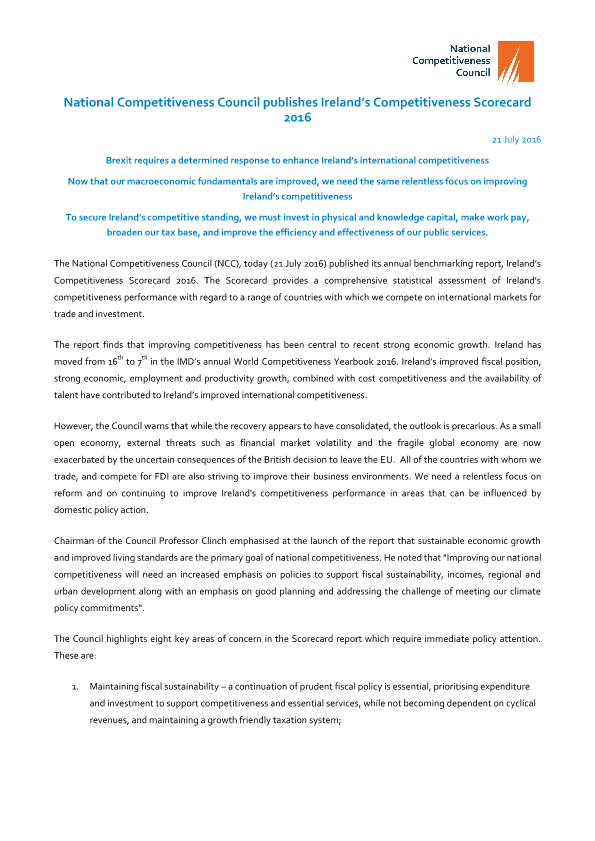 National Competitiveness Council publishes Ireland’s Competitiveness Scorecard Press Release