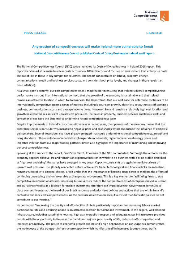 National Competitiveness Council publishes Costs of Doing Business in Ireland 2018 report (1)