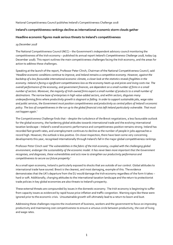 National Competitiveness Council publishes Ireland’s Competitiveness Challenge 2018