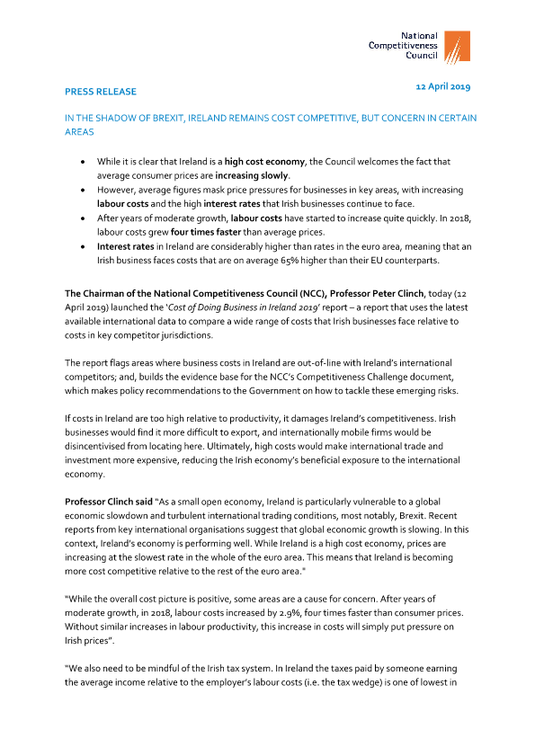 Cost of Doing Business 2019 Report Press Release