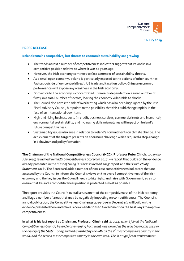 Ireland’s Competitiveness Scorecard 2019 press release