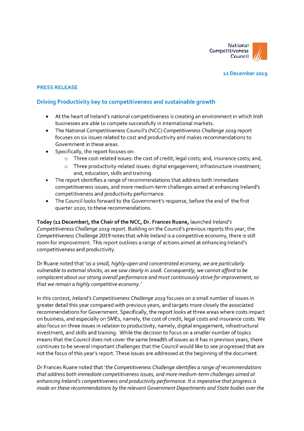 NCC launches Ireland’s Competitiveness Challenge 2019