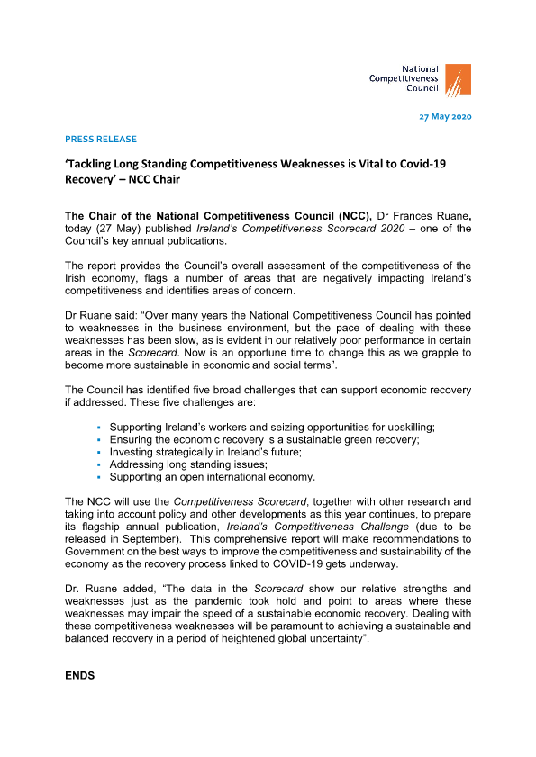 Ireland’s Competitiveness Scorecard 2020 press release