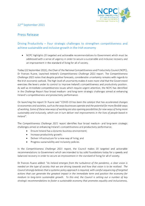 Ireland’s Competitiveness Challenge 2021 - Press Release