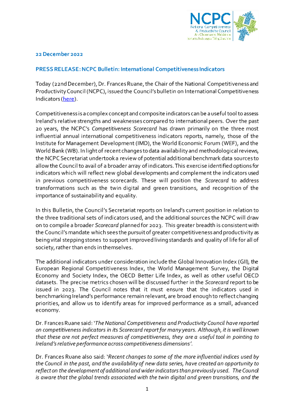 Press Release - Bulletin 22-5 International Competitiveness Indicators