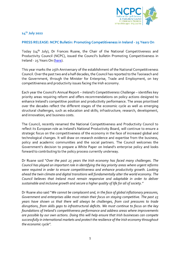 Press Release 22-4 Promoting Competitiveness in Ireland - 25 Years On