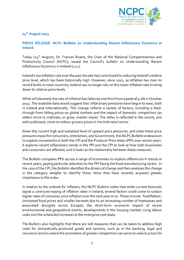 PRESS RELEASE Bulletin 23-3 Understanding Recent Inflationary Dynamics in Ireland