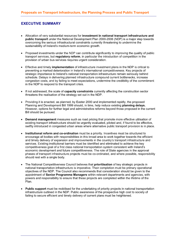 Proposals on Transport Infrastructure, the Planning Process and Public Transport