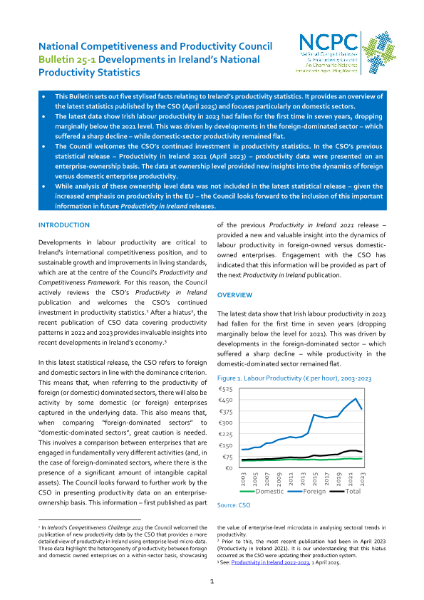 Bulletin 25-1 Developments In Ireland's National Productivity Statistics